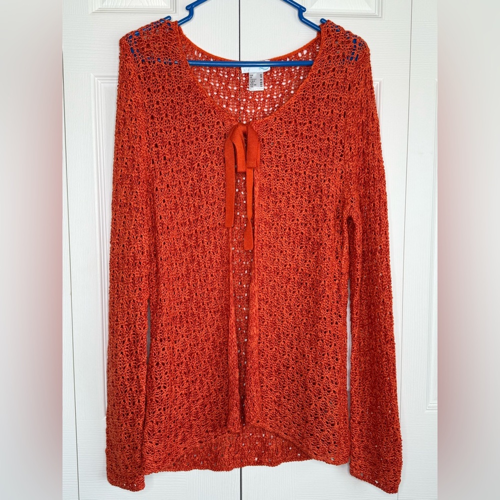 Open Knit Cardigan Sweater Tie Front Creation Crochet Boho Burnt Orange Sz 10
